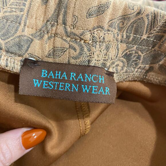 Baha Ranch Western Wear Tan Paisley Flare Boho Faux Suede Pants Size Large - Picture 9 of 13